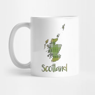 Scotland Green and Yellow Tartan Map Typography Design Mug